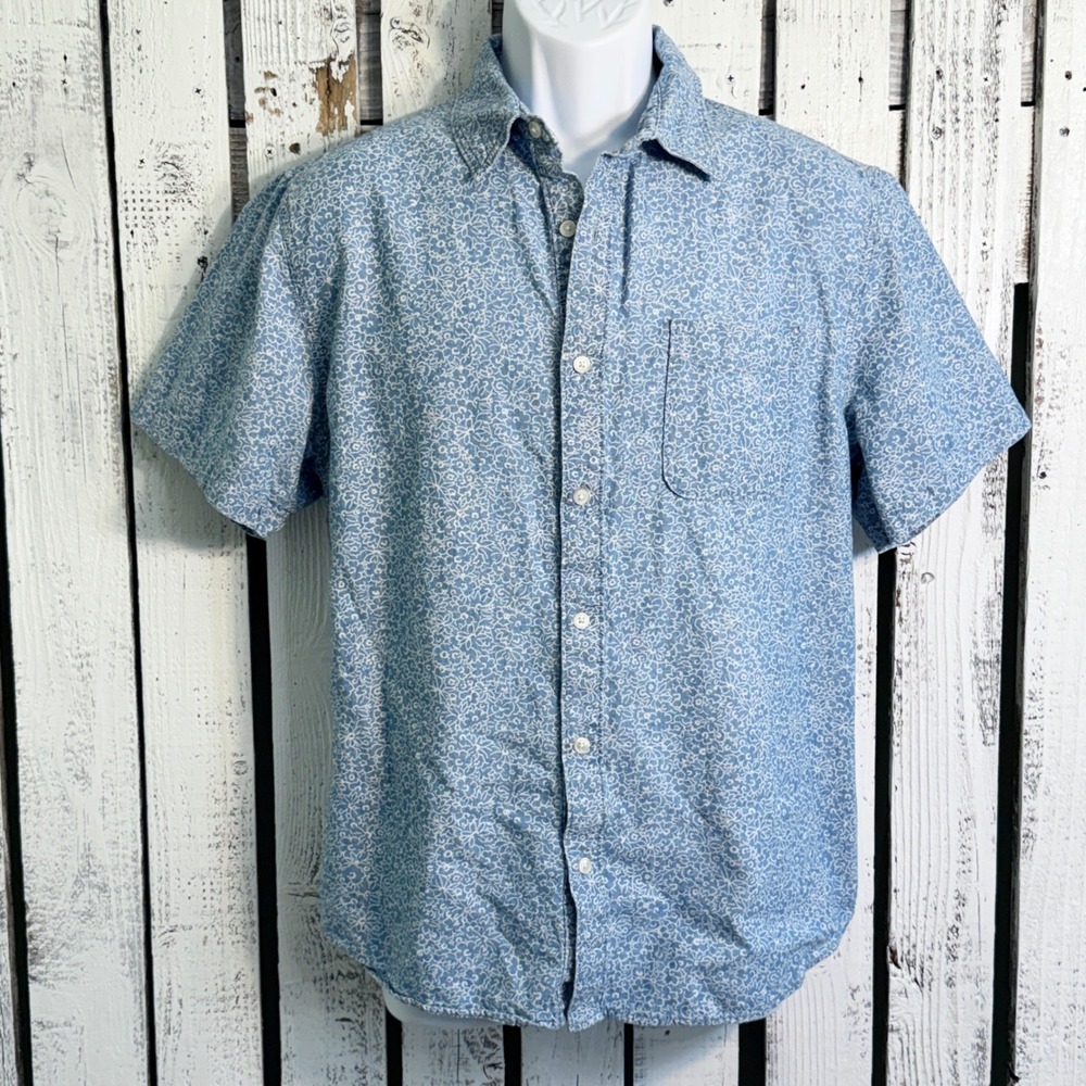 Free Assembly Mens L Blue‎ White Floral Shirt Short Sleeve Cotton Button Up Soft